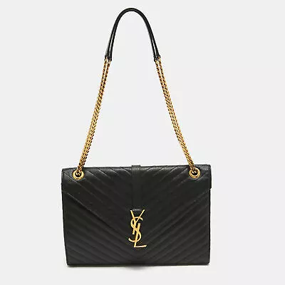 Saint Laurent Black Matelasse Leather Large Monogram Envelope Shoulder Bag • $1032.15