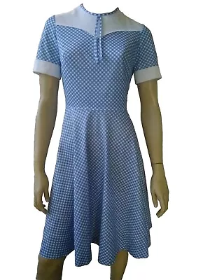 HANDMADE Vintage Ladies Size 10 Dress Blue Check White Trim Fit Flare Homemade • $26.50