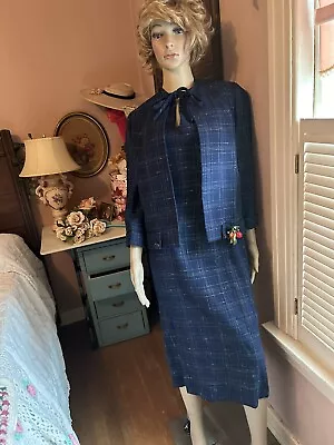 Vintage 50s Dress & WEIGHTED Jacket Navy Blue Spiffy SPRING Set • $45.95