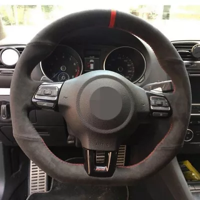 Red Thread Black Suede Car Steering Wheel Cover Wrap For VW Golf 6 GTI MK6 /Polo • $26.74