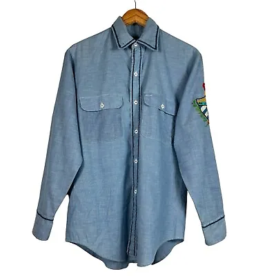 Vintage Work Shirt Woven Chambray Hand Embroidered Cuba Button Down Shirt Mens M • $24.99