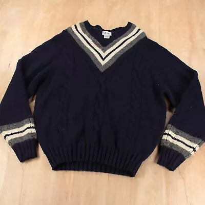 Vtg 80s 90s SKYR Shetland Wool V Neck Striped Cable Knit Varsity Sweater LARGE • $48