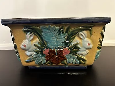 Vintage Majolica Large Planter Bunny Rabbit Garden Plant Flower Colorful • $175