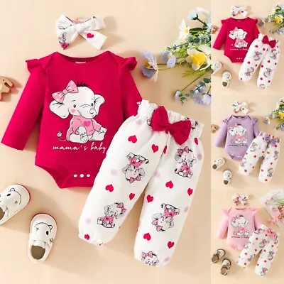 3PCS Newborn Baby Girls Elephant Print Romper Tops Bow Pants Outfit Set Clothes • £9.69