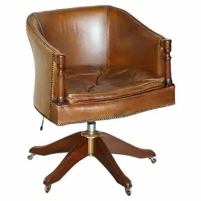 Vintage Hand Dyed Aged Brown Leather Captains Swivel Armchair Chesterfield Seat • £2500