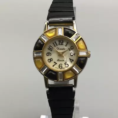 Vintage Xanadu Watch Women Gold Tone MOP Yellow Black Bezel Stretch New Battery • $29.99