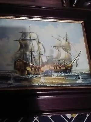 Vintage Oil On Board Painting GALLEON SIGNED J. HARVEY SEACOAST • £145