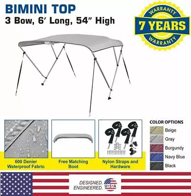 New 4 Seasons Brand Boat Bimini Top Cover 3 Bow 54”H X 67”-72” W Gray • $140