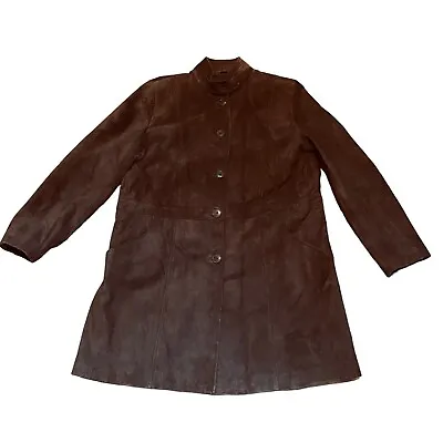 M&S Size 14 16 Brown Genuine Suede Mid Length Jacket Coat Nehru Collar Womens • £79