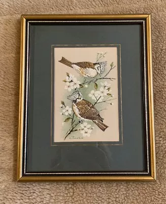 £18 • Buy Vintage J & J Cash Crested Tits Framed Woven Silk Picture