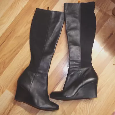 Michael Kors Clara Size 6 Black With Gold Leather Wedge Heel Knee High Boots • $28