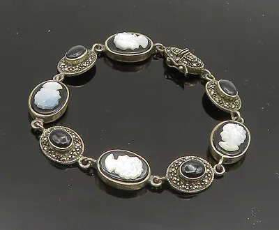 925 Silver - Vintage Mother Of Pearl & Black Onyx Cameo Chain Bracelet - BT8051 • $81.22