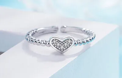 Tiny Crystal Heart Adjustable Ring 925 Sterling Silver Plt Women Jewellery Gift • £2.99