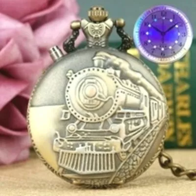 LED Pocket Watch Railroad Engraved Bronze Locomotive EBAYS HIGHEST RATED SELLER! • $27.97