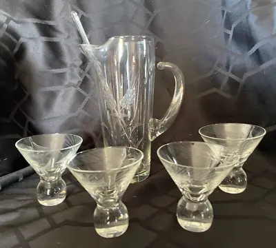 Vintage Etched Wheat Glass Martini Pitcher W Stirrer And 4 Stemless Glasses Set • $49.99