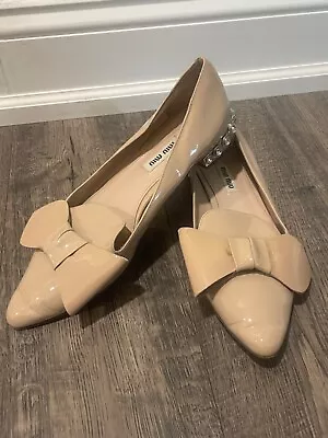 Miu Miu Beige Patent Leather Crystal Loafer Bow 38 EUC Classic Preppy Luxury • $99.99