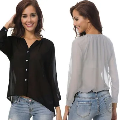 $8.08 • Buy Women V-Neck Transparent Loose Chiffon Shirt Ladies Tops Long Sleeve Blouse