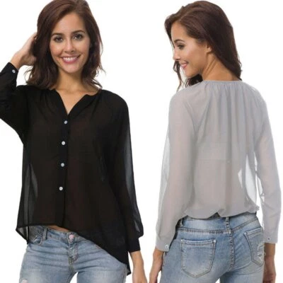 $8.08 • Buy Women V-Neck Transparent Loose Chiffon Shirt Ladies Tops Long Sleeve Blouse