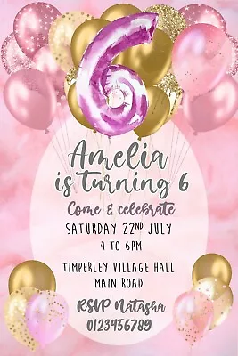 Girls Personalised Party Birthday Invitations Pink Gold Balloons Age 6 X 10 • £5.05