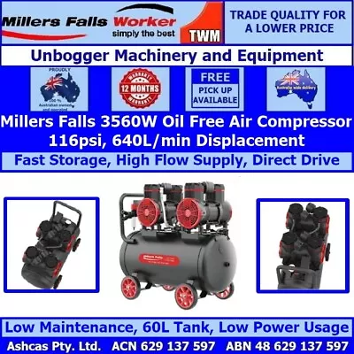 Millers Falls 3560W 4.8HP 60 Litre Oil-Free Air Compressor Low Maintenance Quiet • $643