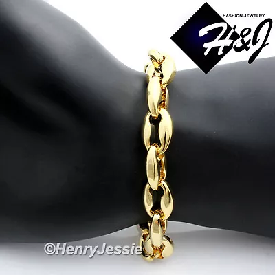 9 MEN Stainless Steel WIDE 12mm Gold Plated Puffed Mariner Link Chain Bracelet • $14.99