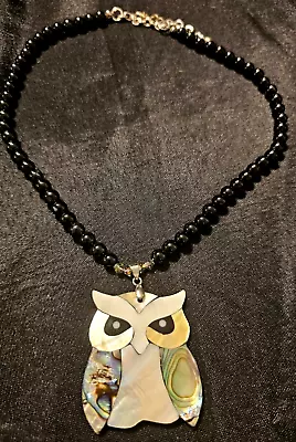 Owl Abalone Shell Pendant Beaded Black Stones 925 Silver Clasp And Chain 16  • $19.99