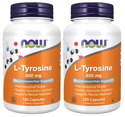 2 X NOW Foods L-Tyrosine 500 Mg 120 Capsules Neurotransmitter Support • $21.98