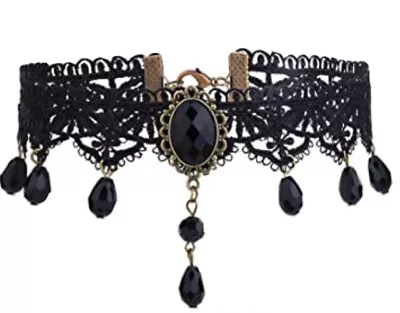 Gothic Victorian Black Lace Choker Necklace Tassel Chain Steampunk NWT 7620 • $10.92