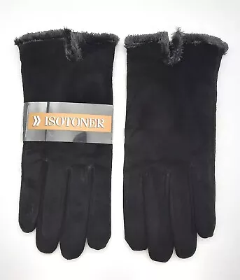 ISOTONER Black Suede Leather Gloves Faux Fur Lining #88559 Men's  XL • $13.49