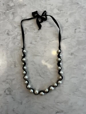 $8.99 • Buy J.Crew Black Canvas Ribbon Cream Pearl Statement Necklace