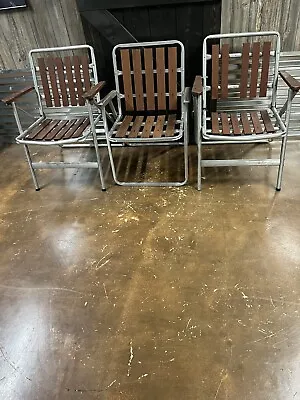 Lot Of 3 Vintage Retro Wood Slat Aluminum Lawn Chairs Pool Beach Patio Deck • $139.99