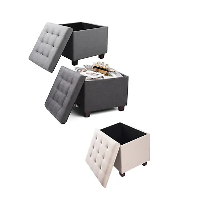 Ottoman Storage Square Chest Footstool W/ Linen Padded Pouffe Stool Shoe Bench • £45.99