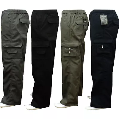 Mens New Elasticated Cargo Combat Work Cotton Lightweight Trousers Pants Bottoms • £12.92