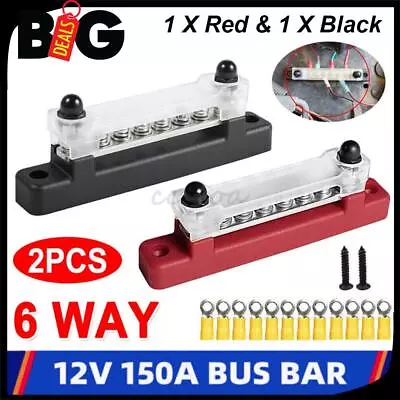 2pcs Red & Black Bus Bar Power Distribution Terminal Block 6 Way 12V 150A Busbar • $21.64