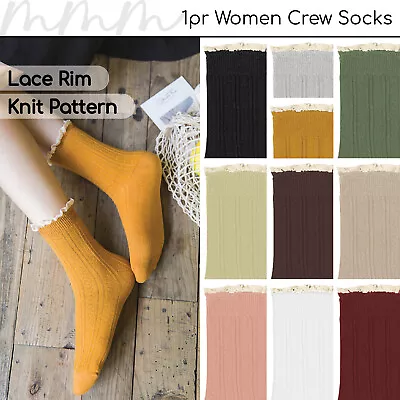 1pr Women Socks Crew Lace Rim Rib Ribbon Edge Curly Ruffle Frilly Retro Vintage • $6.59