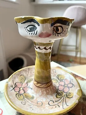 Vintage Ceramic Hand Painted Italy Vietri Pottery Candle Holder W/Face Signed • $35
