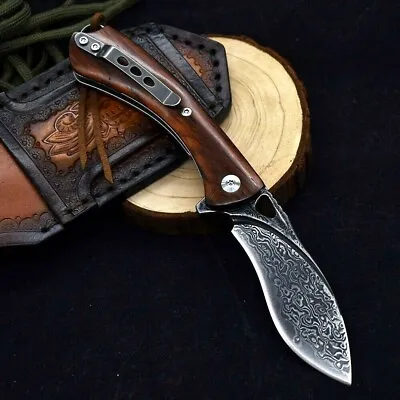 Drop Point Folding Knife Pocket Hunting Tactical Survival Damascus Steel Wood 3  • $70.99