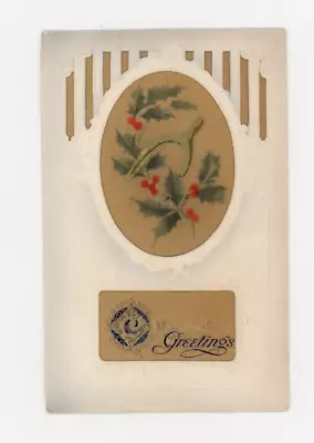 Vintage Christmas  Postcard   DIE CUT HORSESHOE   HOLLY GOLD   UNPOSTED • $3