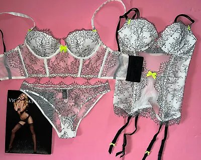 Victoria's Secret Longline 32C BRA SET+garter CORSET+S Panty White Black LACE • £152.66