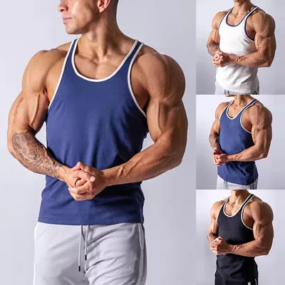 Mens Gym Vest Racerback Bodybuilding Muscle Stringer Tank Top Bodybuilding Vest • £5.03