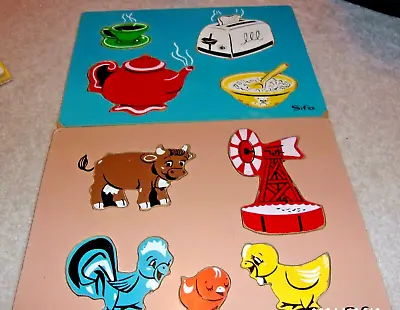 VINTAGE 2 Sifo WOOD PUZZLE COW BIRDS WINDMILL TEA POT TOASTER CEREAL CUP 60s70s • $28.99
