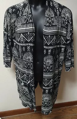 Dramatic Black Tribal Print Sweater Long Open Cardigan 3/4 Slv Boho Festive Sz S • $14.44