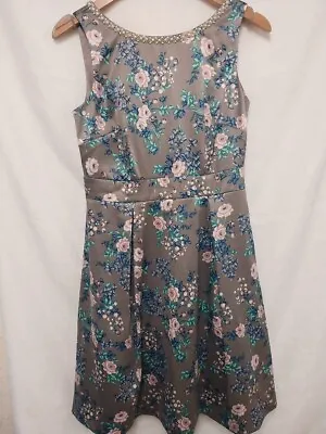 £6.99 • Buy BNWOT Ladies MONSOON Beige Mix Floral Satin V Back Dress Size UK 10- CG B12