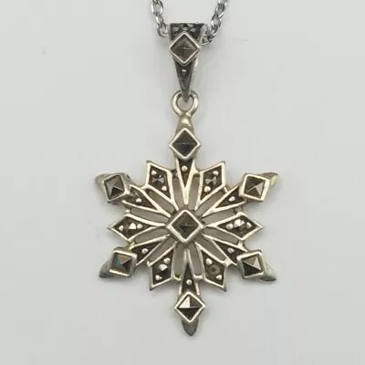 VTG 925 Sterling Silver & Marcasite Stone Snowflake Pendant W/ 18 -20  Necklace • $14.79