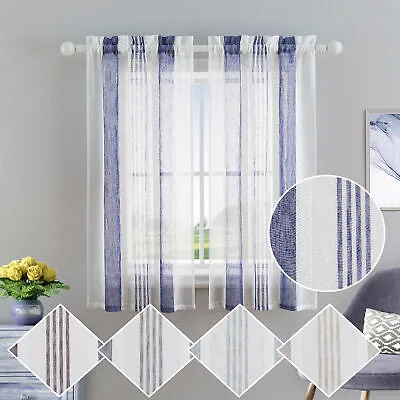 2pcs Kitchens Curtains Vertical Striped Sheer Cafe Window Curtains Rod Pocket • $9.19