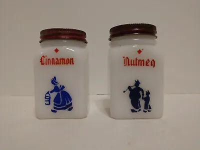 2 Vintage McKee Milk Glass Dutch SPICE SHAKER Jars CINNAMON And NUTMEG With Lids • $16.95