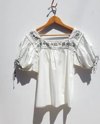 VINTAGE 70's MEXICAN TOP ~ White Cotton W/Grey Embroidery Peasant Blouse ~ M/L • $79