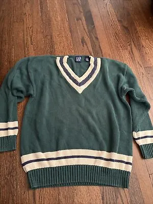 90s Vtg GAP Cable Tennis Sweater Varsity Sz M Green  Preppy Knit 100% Cotton • $25