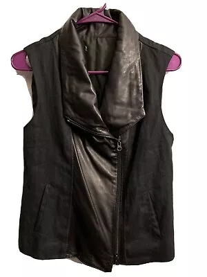 Vince Women’s Small Black Linen Metal Cascading Drape Vest Leather Trim & Collar • $30