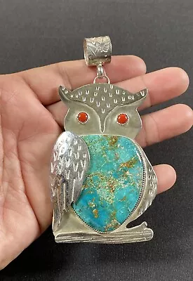 Vintage Sterling Silver .925 Native American Large Turquoise Coral Owl Pendant • $72